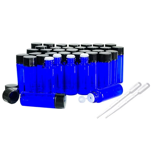 PYAWI 36Pcs Cobalt Blue Glass Bottles For Essential oils 5ml, Empty Refillable Vials Sample Bottles, with Orifice Reducers and Black Caps ﻿ (5ml)