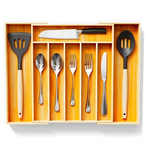 AUJEN Bamboo Silverware Organizer - Expandable Drawer Organizer, Adjustable Utensil Organizer, Kitchen Cutlery Drawer Organizer, Kitchen Organizers and Storage Holder for Flatware, 6-8 Slots, Natural
