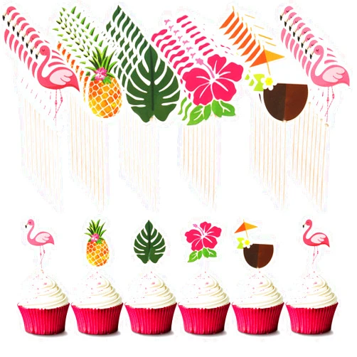 Maitys Luau Cupcake Toppers Tropical Cake Decorations Hawaiian Toothpicks Sticks with Flamingo Pineapple Palm Leaves Shape Picks for Summer Beach Theme Party Favors Supplies, 6 Styles (72)