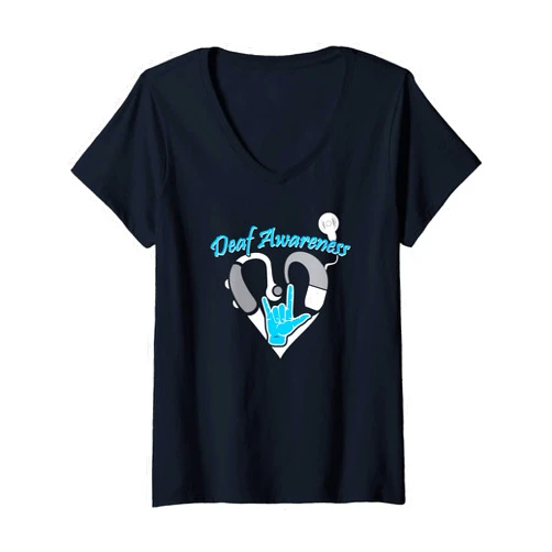 X10 Deaf Awareness Designs Womens Deaf Awareness Hearing Aid ASL Cochlear Implant V-Neck T-Shirt