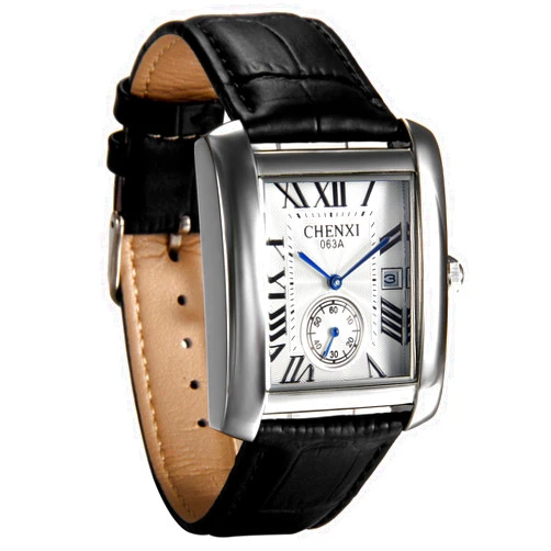 Avaner Mens Square Watch, Vintage Leather Cuff Watch, Roman Numeral Analog Quartz Wristwatch, Leather Strap Classic Retro Watch with Auto Calendar Window