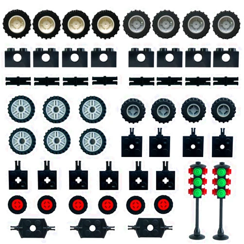 LZH Wheels and Axles,Traffic Light ,Tires Bulk Lot - Building Bricks Block Education Wheels Set Toy Compatile with Major Brands, 52 pcs, over 6 years old