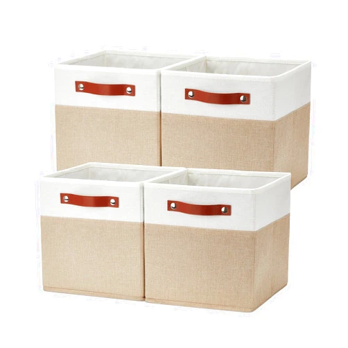 Temary Fabric Storage Cubes Bins, 11 inch Cube Storage Baskets, Foldable Cube Bins Set with Handles, Decorative Storage Boxes for Organizing, Home, Office, Nursery (White & Khaki, 11 x 11 x 11)