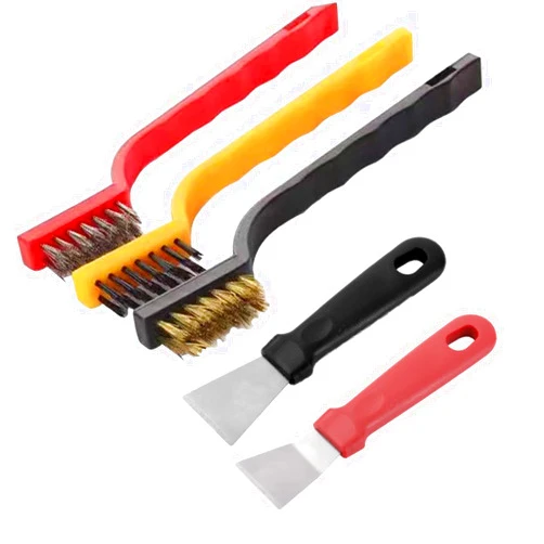 Katartizo 5Pcs Kitchen Stove Cleaning Brush + Scraper Tool Set, Heavy Duty Scraper for Gas Burners Cooktop Pot Pan Brass, Stainless Steel and Nylon Brush Head Brushes for Range Hood Grease Grime