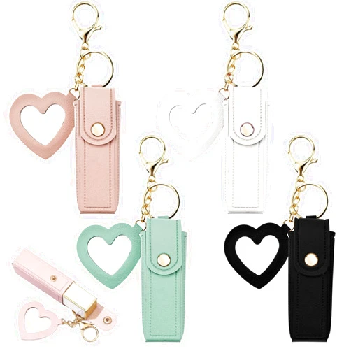 Arvintas 4 PACK PU Leather Potable Chapstick Holder Key Chain Bulk with Mirror, Lipstick Keychain, Lip Balm Organizer Holder Lipstick Travel Makeup Storage Case for Women Girls (Style 1)