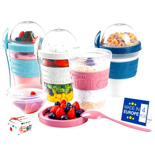 Hakan 20 oz Yogurt Parfait Cups with Lids - 4 Pack, Reusable Cups with Dome Lid and Spoon Yogurt Cups with Topping Compartment BPA-Free Plastic on the Go Cups in Special Box Overnight Oat Containers
