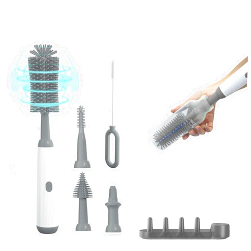 WHNL Electric Baby Bottle Brush Cleaner with Extended Handle & Drying Holder, Baby Bottle Brush Set with Silicone Bottle/Nipple/Crevice/Brush,Straw Cleaner,Lifesaver Automatic Bottle Cleaner,Gray