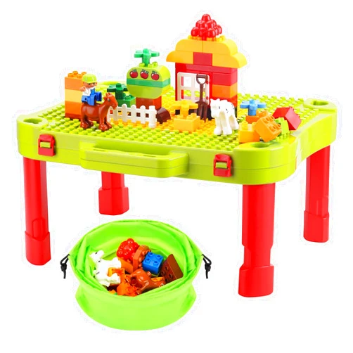 Minne Baby 3 in 1 Kids Activity Table, Kids Play Table Set with 42 Blocks, Building Blocks Kit Compatible with Mega Blocks and Lego Duplo, Foldable Activity Desk, Play Board, and Toy Storage for Toddlers