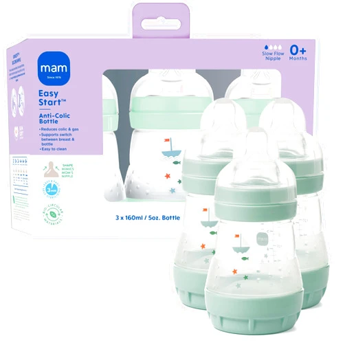 MAM 4.5oz Easy Start Anti-Colic Wide Neck Vented Baby Bottle, Extra Slow Flow Breastfeeding-Like Silicone Nipple, Reduces Colic, Gas & Reflux, Easy to Clean, BPA Free, 0+ Months, Made in Europe