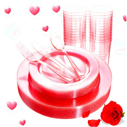 DaYammi 150PCS Pink Plastic Plates Disposable Pink Dinnerware Set Clear Pink Party Plates with Silver Glitter Design include 25 Dinner Plates,25 Cake Plates,75 Cutlery,25 Cup for Valentine's Day Party