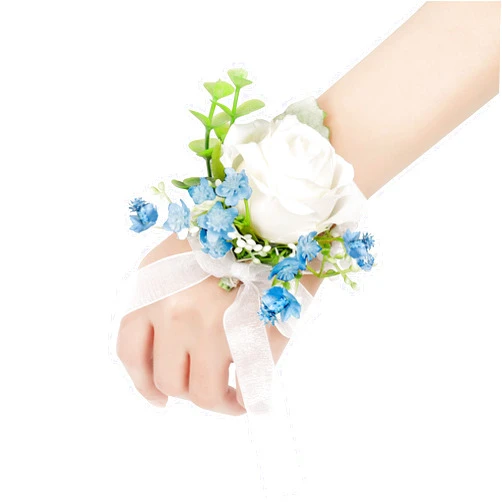 YSUCAU White& Blue Rose Wrist Corsages Wristlet Band Bracelet for Wedding Set of 6 Ivory Eucalyptus Wrist Flower Wristband Hand Flower for Bride, Bridesmaid, Mother of Bride, Prom Party