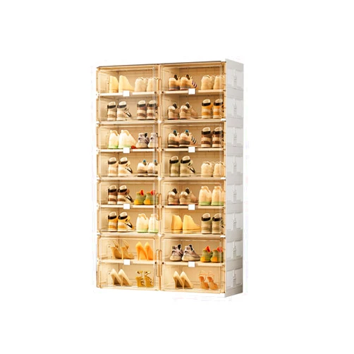Wesimple 32 Pairs Shoes Storage Cabinet of 3-Step Fast Installation,Plastic Shoe Rack with Clear Magnetic Door for Display, Shoe Organizer for Sneaker, Sandals, Heels (2 Row, 8 Tier)