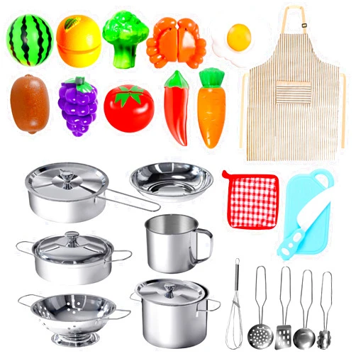 POPUTOY 28Pcs Pretend Play Kitchen Toys, Kitchen Playset Cooking Toys Set with Stainless Steel Cookware and Accessories for Kids Toddlers Girls Boys