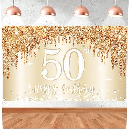 Zirtorei Happy 50th Birthday Banner Backdrop Decorations for Women, Gold White 50 Birthday Sign Party Supplies, Fifty Year Old Birthday Photo Booth Background Poster(72.8 x 43.3 Inch)