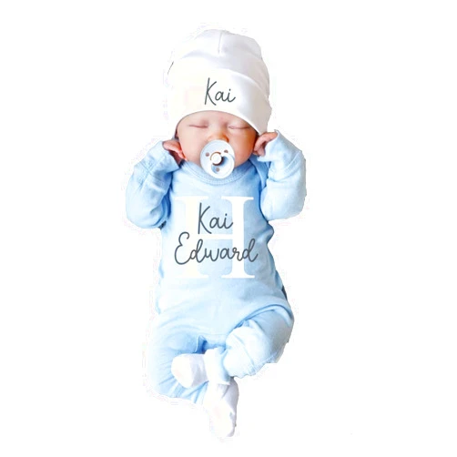Handmade Custom Personalized Newborn Baby Coming Home Outfit with Monogrammed Sleeper, Custom Embroidered Romper and Hat Set for Baby Girl and Boy - Perfect Baby Shower Gift (Style 1)