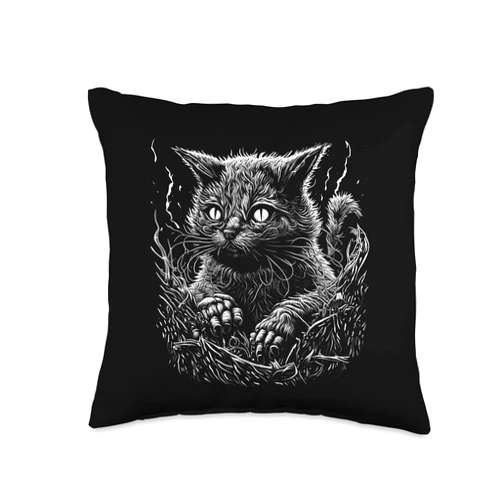 Great Creepy Scary Horror Cat Artwork Illustration Creepy Scary Horror Cat Art Illustration Design Throw Pillow, 16x16, Multicolor