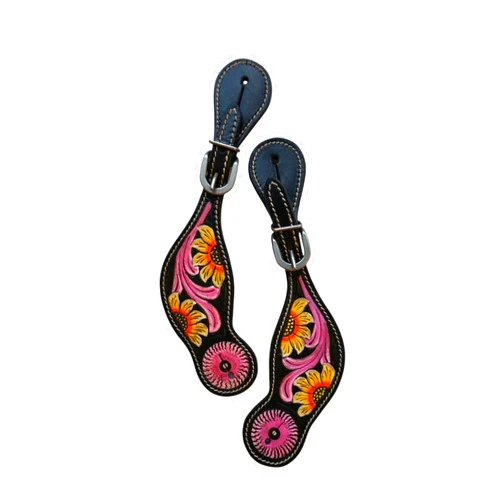 Equitem Tooled Leather Spur Straps with Painted Sunflowers with Pink Accents