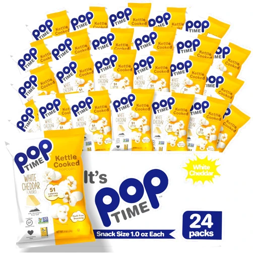 Poptime Kettle Cooked Popcorn - White Cheddar, 1oz Bags (24 Pack), Non-GMO, Gluten Free, Dairy Free, Kosher, Whole Grain, Low Cholesterol