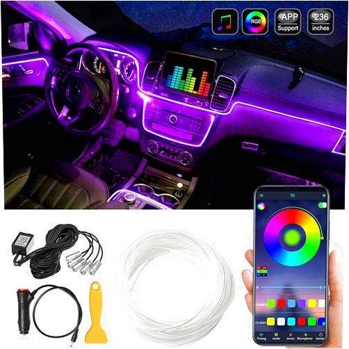MAODANER Car LED Interior Strip Light, 16 Million Colors 5 in 1 with 236 inches Fiber Optic, Multicolor RGB Sound Active Automobile Atmosphere Ambient Lighting Kit - Wireless Bluetooth APP Control