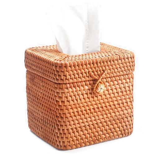 DECRAFTS Rattan Tissue Box Cover Natural Woven Facial Napkin Holder Square with Lid 5.7 x 5.7 x 5.5 Inch (Natural)