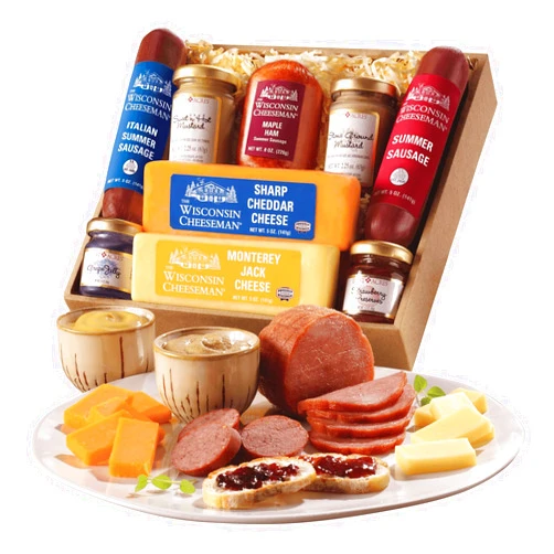 The Wisconsin Cheeseman Hostess Delight - Variety of Maple Ham, Italian, and Original Summer Sausages, Sharp Cheddar and Monterey Jack Cheeses, Charcuterie Board Snack Treat