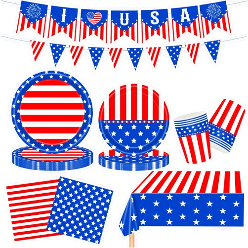 JQSSHXB American Flag Patriotic Party Supplies Includes 4th of July Paper Plates Napkins Cups Patriotic tablecloth and Banner Patriotic Party Supplies for Patriotic Celebration, Serves 25