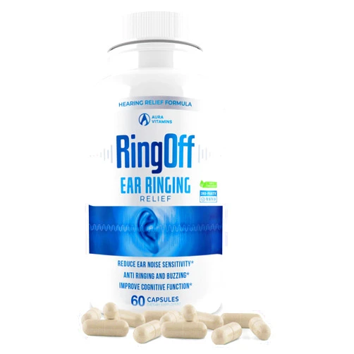 AURA VITAMINS Ring Off (60 Caps) – Tinnitus Relief for Ringing Ears, Clear Tinnitus Quieting Ear Ringing Relief & Restoring Inner Peace, Ginkgo Biloba, Zinc Picolinate & More – Effective Hearing Health Support (1)