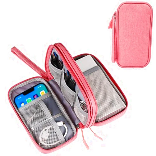 Eitonbu 7.5 in Electronics Accessories Organizer Pouch Bag, Travel Universal Organizer for Charging Cords,USB Cable, Charger, Phone, SD Card, Mouse,Earphones,Flash Drive,Business Gadget Bag（Pink）
