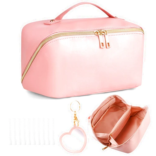 Bouiexye Large Makeup Bag Leather Travel Cosmetic Bag Capacity Waterproof Open Flat Toiletry Make up Bag with Mirror Brush Restraint Mesh Bags for Girls Women (Pink