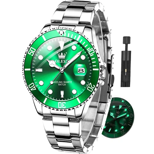 OLEVS Watches for Men with Date Luxury Big Face Waterproof Mens Wristwatch Analog Dress Two Tone Stainless Steel Man Watch Luminous Relojes De Hombre Calendar(Green/Blue/Black Dial