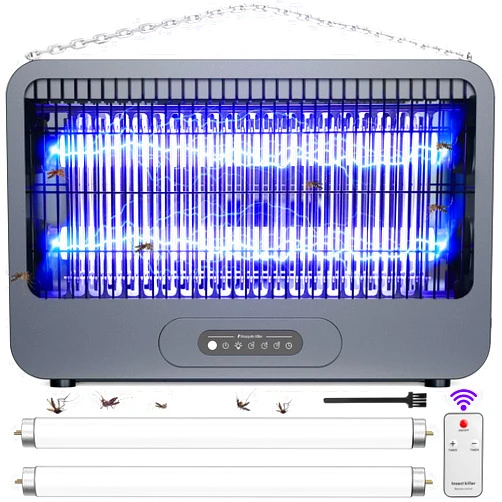 VEPPRO Electric Bug Zapper Indoor, 3500V Powerful Mosquito Zapper Outdoor with Timer Remote Control, Double-Sided Grid Fly Zapper Mosquito Killer and Repellent for Patio Yard - 2 Extra Bulbs (Grey)