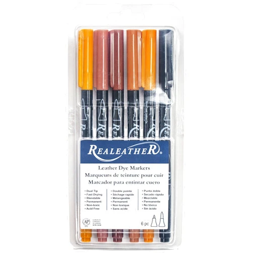 Realeather F2400-01 Dual Tip Leather Dye Marker Pens (6 Pack), Earth Tones