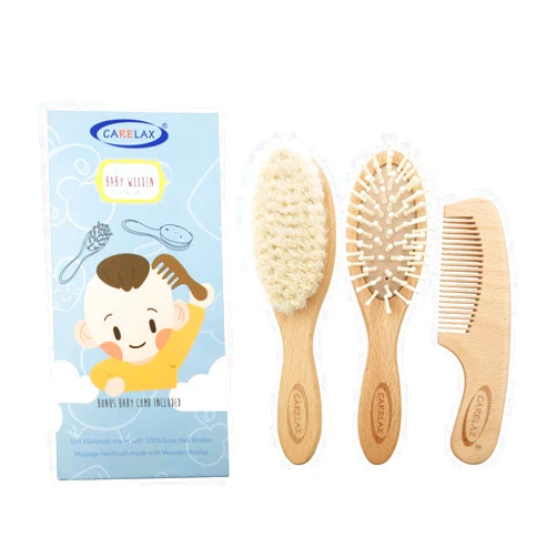 CARELAX Baby Hair Brush & Comb Set, Organic Wooden Hairbrush Natural Goat Bristles 3-Piece for Newborns & Toddlers, Ideal for Cradle Cap & Itching, Perfect Shower and Registry Gift for Infant, Toddler, Kids