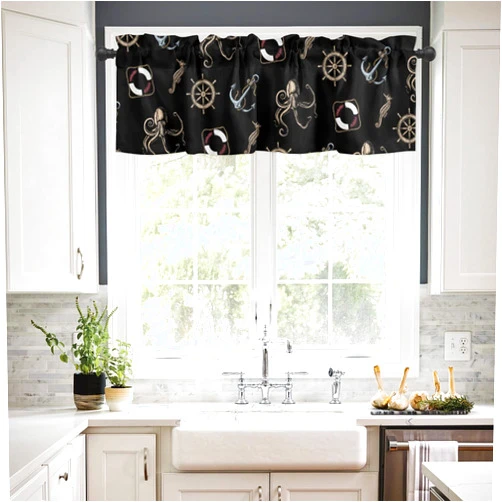 Litter Star Window Valance Rod Pocket Short Curtain Panels Retro Anchor Rudder and Sea Monster Octopus Kitchen Valances Curtains, Nautical Black Back Window Treatments Drapes for Living Room Bedroom Decor