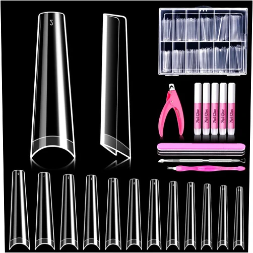 MORGLES 240 Pcs Half Cover Coffin Nail Tips Clear Acrylic Extra Long False Nail Tips with Glue, Clipper, Files and Cuticle Fork for Salons and Home DIY
