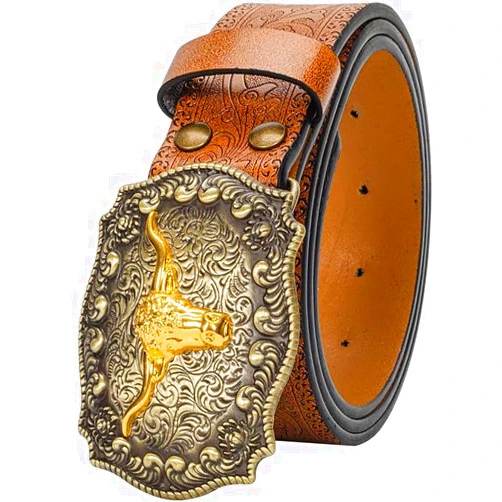 FGSS Men-Classic-Leather-Belts - Vintage-Western-Cowboy Embossed-Belts with Longhorn-Bull-Buckle for Women-Jeans-Pants