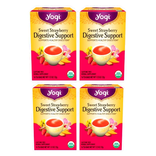Yogi Tea Sweet Strawberry Digestive Support - 16 Tea Bags per Pack (4 Pack) - Organic Turmeric Tea Bags - Digestive Support Tea - Includes Turmeric Root, Black Pepper, Strawberry, Mango & More