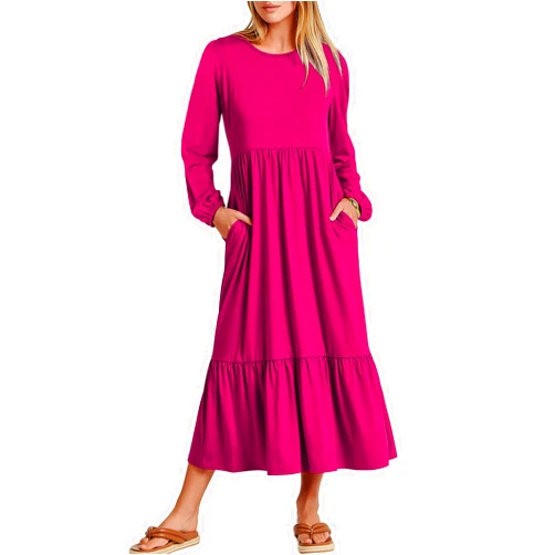 ANRABESS Women's Casual Long Sleeve Midi Dress 2024 Fall Crewneck A Line Tiered Flowy Loose Trendy Dresses with Pockets