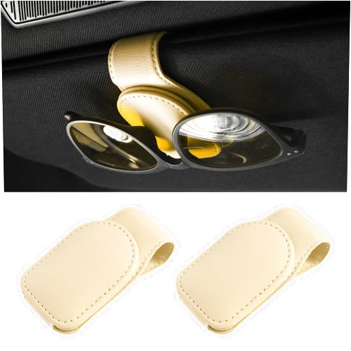 Duhome Sunglasses Holders for Car Sun Visor, Magnetic Leather Glasses Eyeglass Hanger Clip for Car, Ticket Card Clip Eyeglasses Mount, Car Visor Accessories (2PCS,Beige)