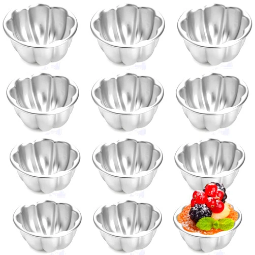 Mezchi 12 Pack Egg Tart Molds, Aluminum Alloy Pudding Jelly Molds, Reusable Cake Tartlets, Cupcake and Muffin Cups for Baking, Flower Shape, Non-sticky