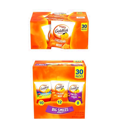 Goldfish Pepperidge Farm Goldfish Cheddar Crackers, 1.5 oz. Snack Packs, 30 Count and Goldfish Crackers Big Smiles Variety Pack with Cheddar, Colors, and Pretzels, Snack Packs, 30 Ct