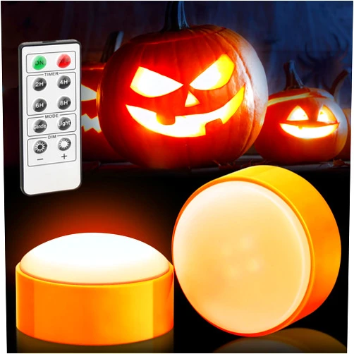 Luditek 2-Pack Halloween LED Pumpkin Lights with Remote and Timer, Battery Operated Orange Jack-O-Lantern Light for Halloween Decor, Flameless Candles for Pumpkin Decorations