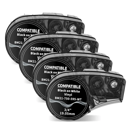 Airmall Compatible Label Tape Replacement for M210 Labels Cartridge Bmp21-plus Label Maker M21-750-595-WT 3/4 Inch Tape All-Weather Vinyl Black on White Tape 0.75 Inch x 21ft, 4-Pack
