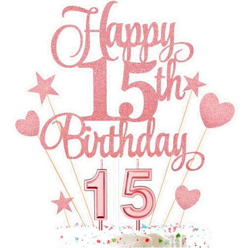 HOGRTi 15th Birthday Cake Decorations Set Include 15th Birthday Candles Numeral 15 Cake Candles and Happy 15th Birthday Cake Toppers with Heart Star Cupcake Picks for Birthday Party (Rose Gold Series)