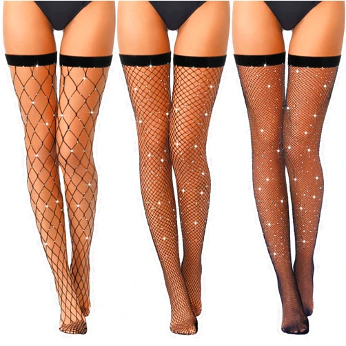 BBTO 3 Pairs Rhinestone Fishnets Women Thigh High Stockings Sexy Elastic Fishnet Stockings Mesh Socks Pantyhose