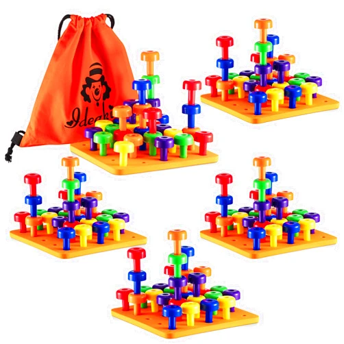 Shappy 4 Sets Sensory Peg Board 30 Pieces Set, Montessori Toys Peg Game Colorful Stackable Peg Board Toy Learning Educational Toys for Color Recognition Counting Fine Motor Skills Toys with Bag