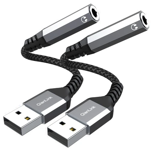 QianLink USB to 3.5mm Jack Audio Adapter (2-Pack), USB to Audio Jack Adapter Headset, USB-A to 3.5mm TRRS 4-Pole Mic Female, External Stereo Sound Card for Headphone, Mac, PS4, PS5, PC, Laptop, Desktops