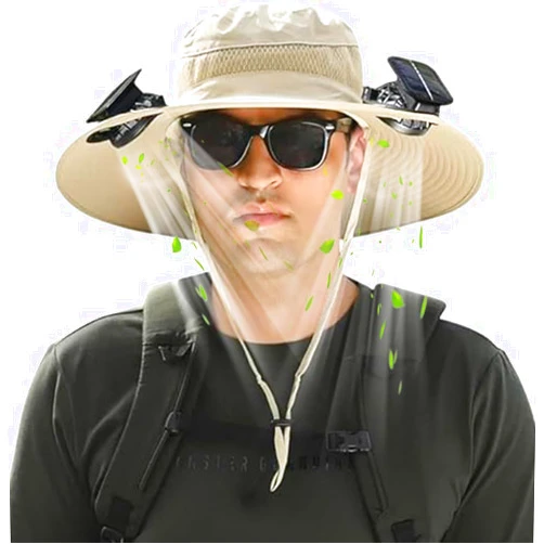 Genovega Solar Panel Powered Fan Built in Wide Brim Outdoor Fishing Hat USB Charging Men Ultralight Sun Bucket Mission Cooling Cap
