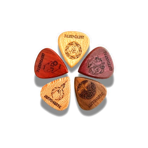 PANN-DANN 5 Pcs Wooden Guitar Picks - Made of Purpleheart, Maple, Padauk, Platanus, Walnut Woods – in Various Flexibility - for Acoustic, Electric and Bass Guitar - Aesthetic Picks with Mythological Symbols