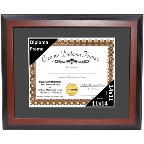 Creative Picture Frames 11x14 Mahogany Finish Diploma Frame with Black Matting Holds 11 by 14-inch Documents with Glass and installed Wall Hanger